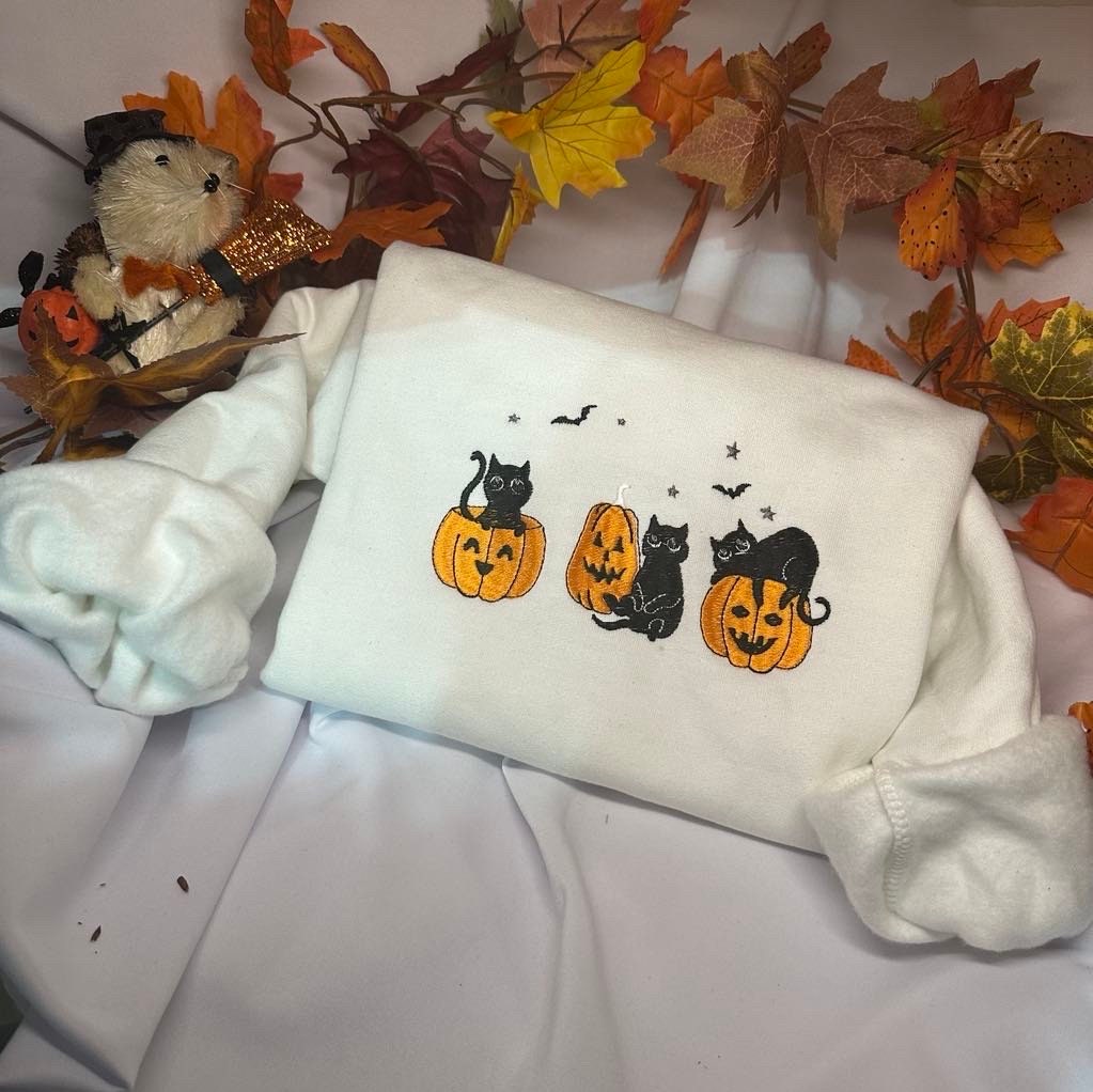 Black Cat Halloween Embroidered Sweatshirt - Pumpkin Cats Crewneck - Spooky Season Gift image 5