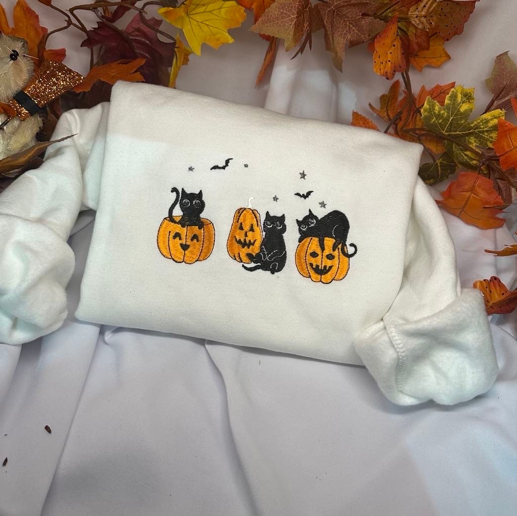 Black Cat Halloween Embroidered Sweatshirt - Pumpkin Cats Crewneck - Spooky Season Gift image 2