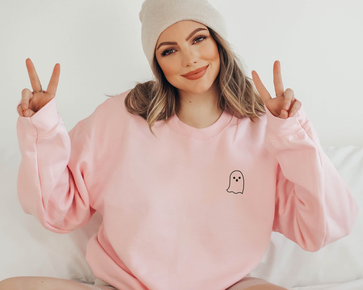 Halloween Embroidered Ghost Hoodie Minimalist Sweatshirt for Halloween image 1