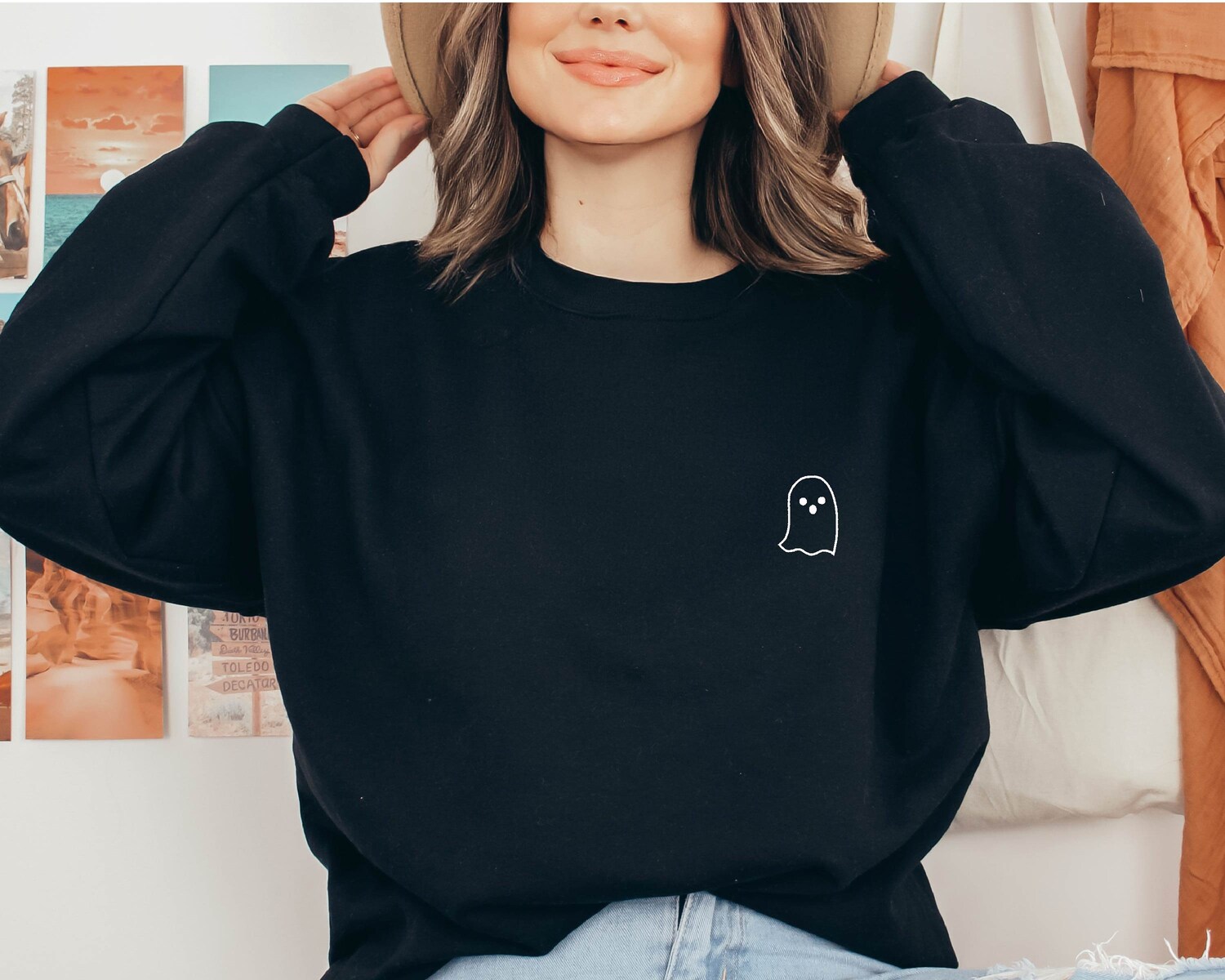 Halloween Embroidered Ghost Hoodie Minimalist Sweatshirt for Halloween image 3