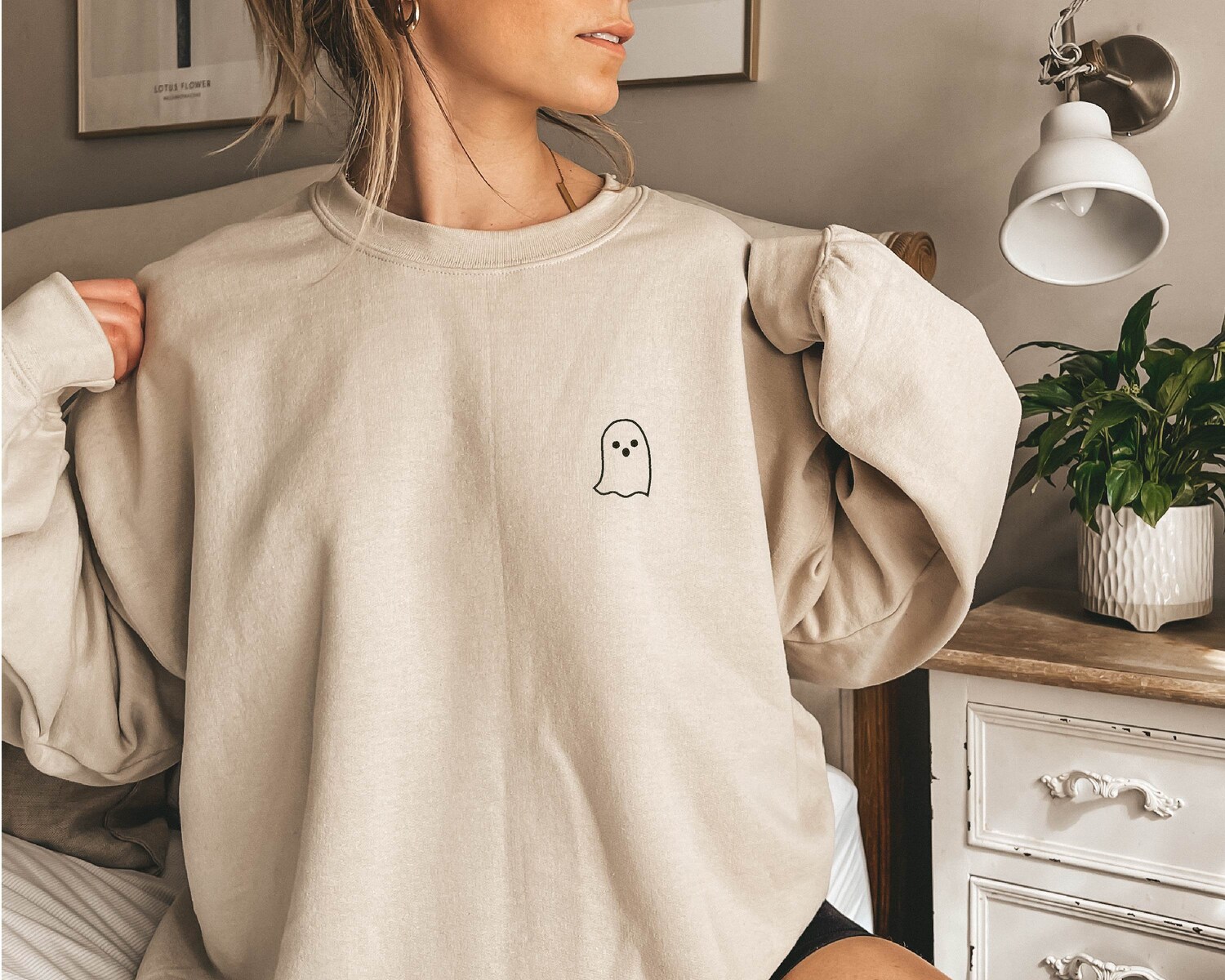 Halloween Embroidered Ghost Hoodie Minimalist Sweatshirt for Halloween image 2