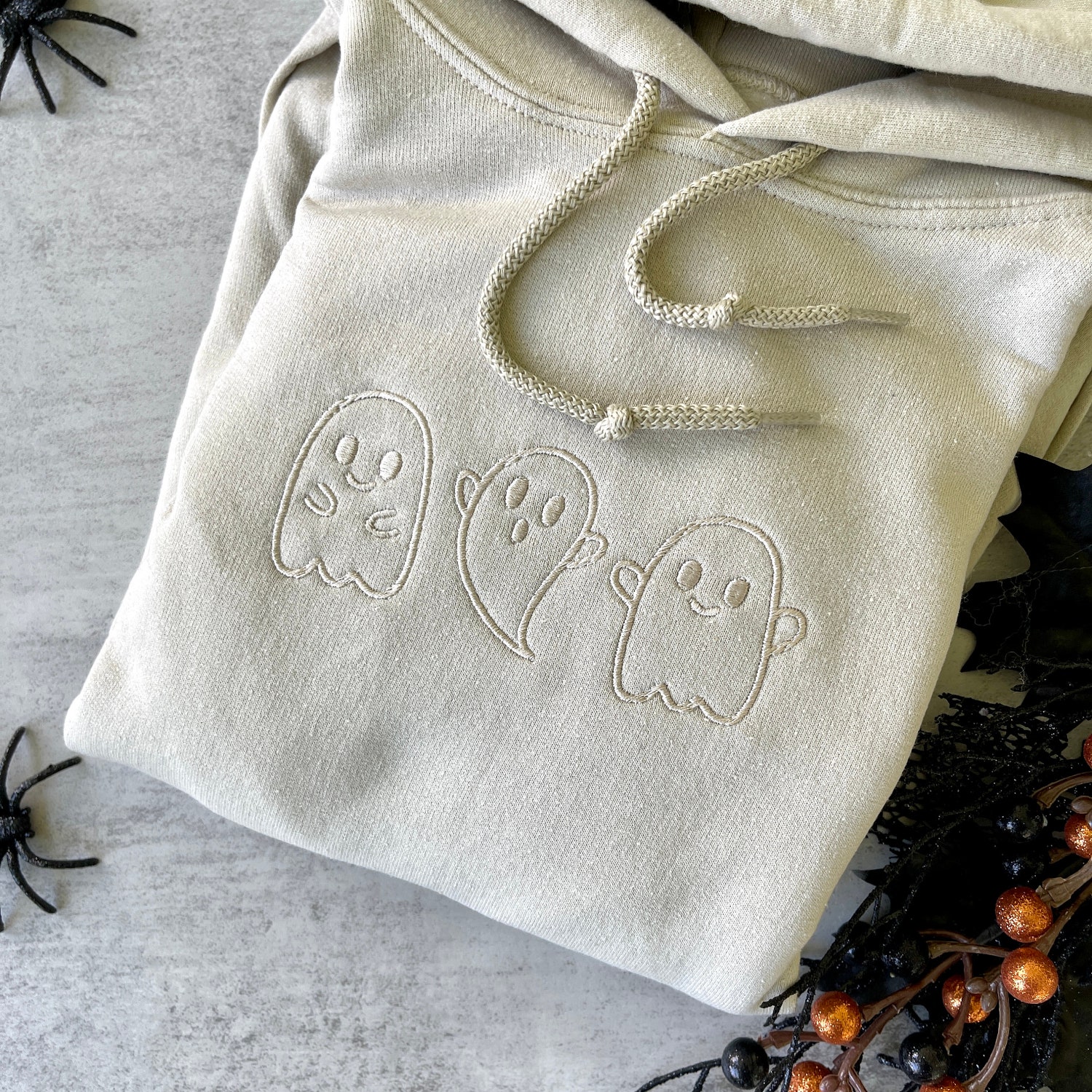 Trendy Tan Brown Halloween Ghosts Embroidered Hoodie Tone on Tone Ghosts Design image 3