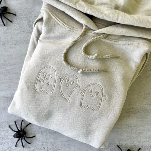 Trendy Tan Brown Halloween Ghosts Embroidered Hoodie Tone on Tone Ghosts Design image 0