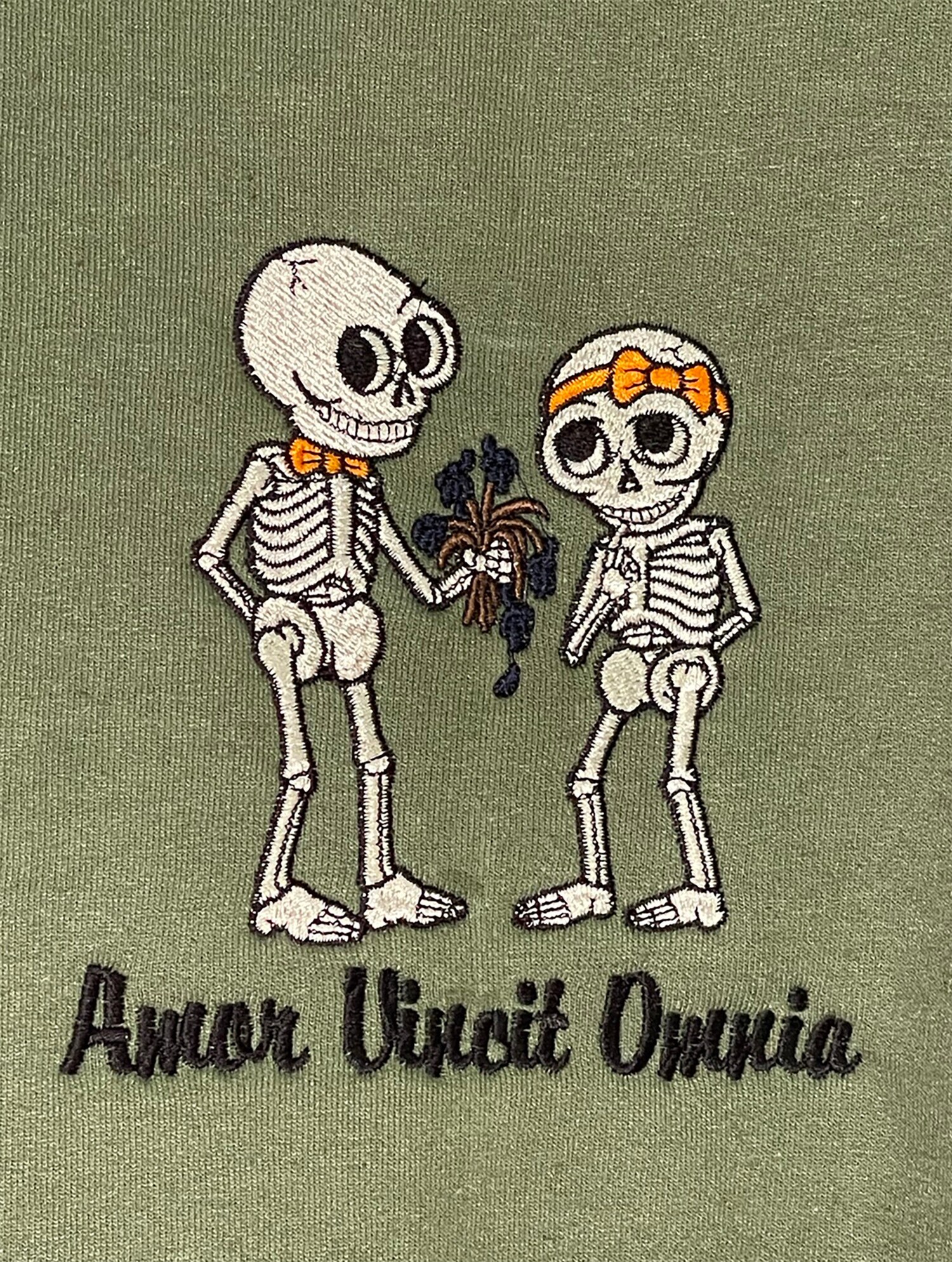 Amor Vincit Omnia Skeletons Embroidered Halloween Sweatshirt Unisex Love Conquers All image 3