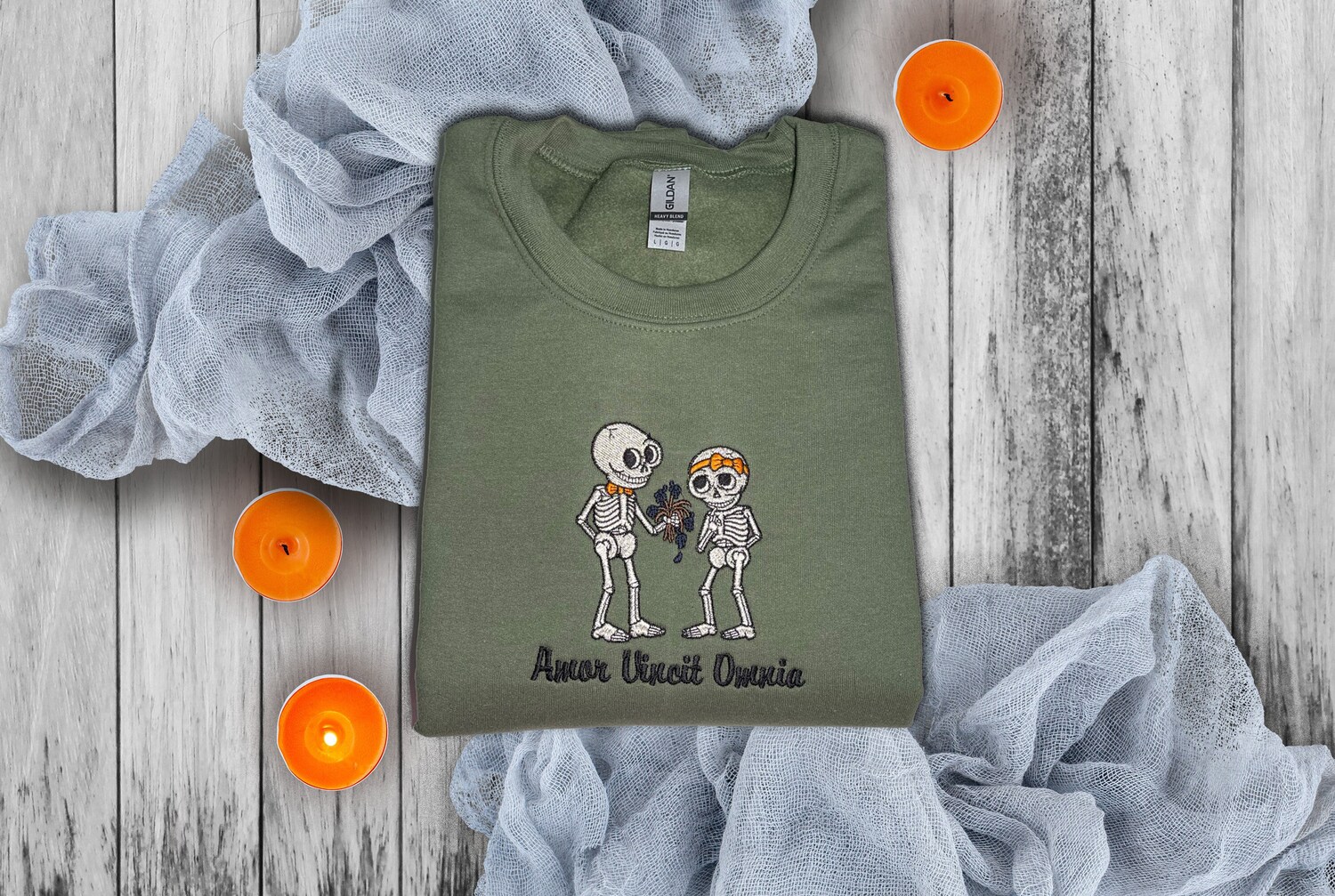 Amor Vincit Omnia Skeletons Embroidered Halloween Sweatshirt Unisex Love Conquers All image 1