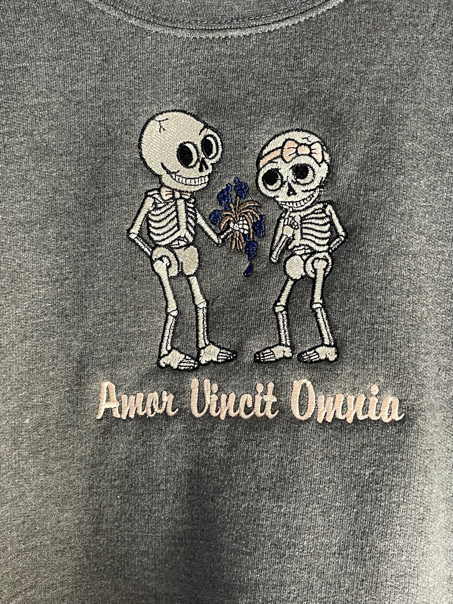 Amor Vincit Omnia Skeletons Embroidered Halloween Sweatshirt Unisex Love Conquers All image 2