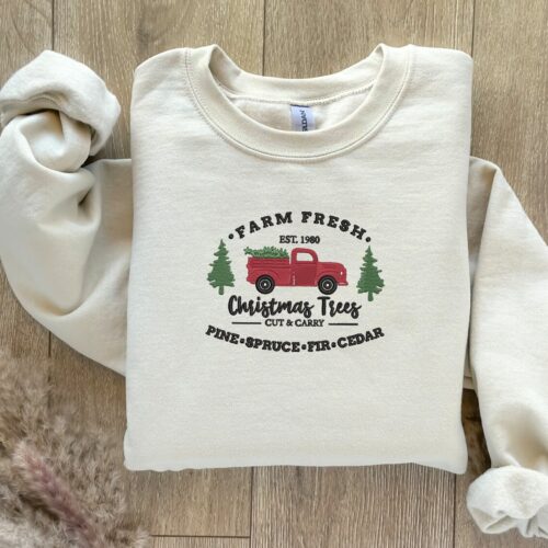 Christmas Farm Fresh Truck Embroidered Holiday Sweatshirt Custom Christmas Crewneck image 0