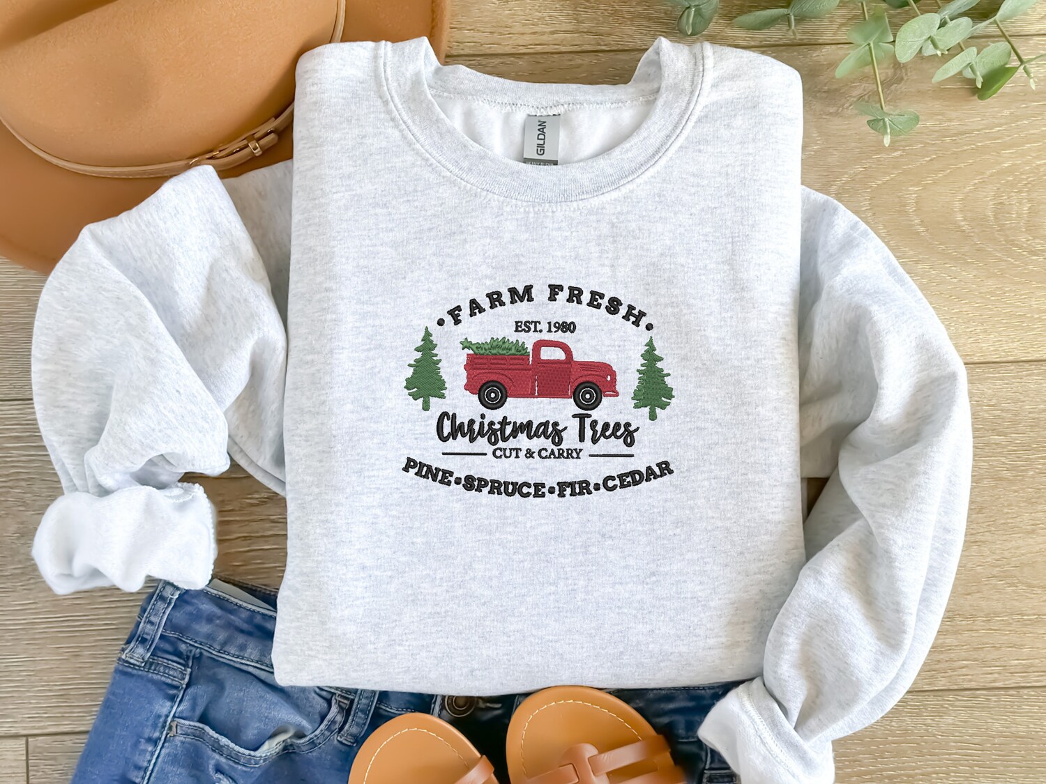 Christmas Farm Fresh Truck Embroidered Holiday Sweatshirt Custom Christmas Crewneck image 2