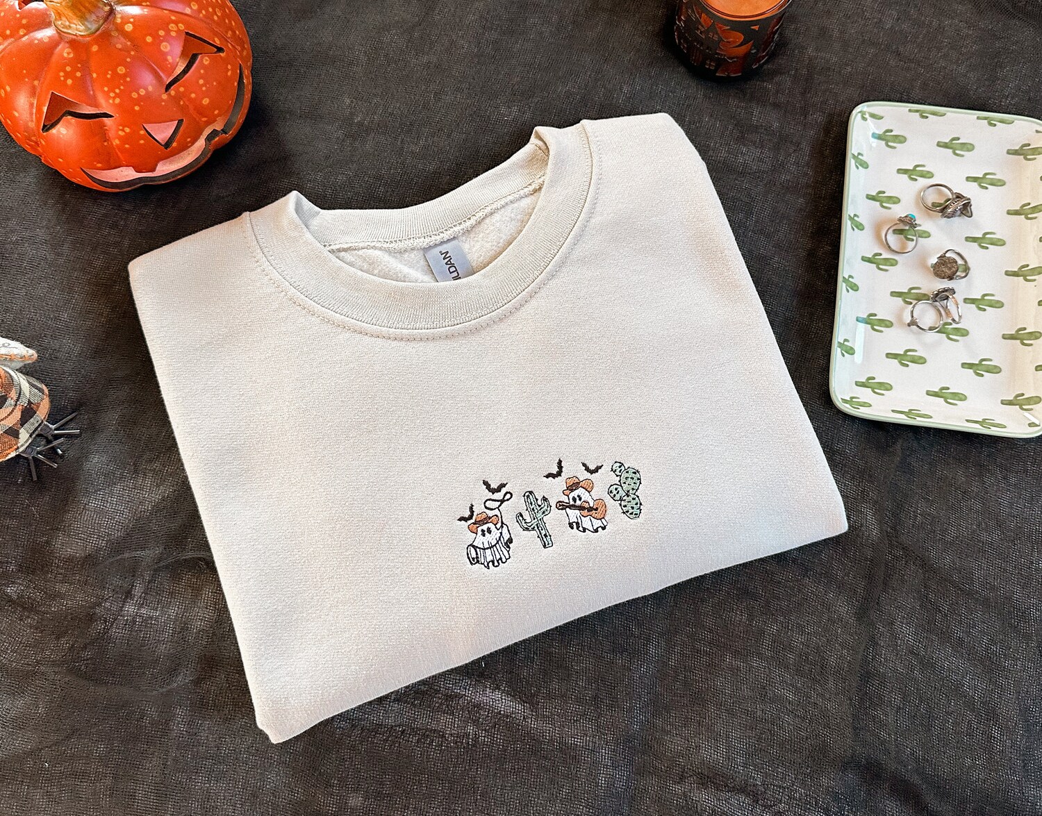 Subtle Halloween Embroidered Crewneck Sweatshirt Ghost Cactus Design Halloween Sweater image 5