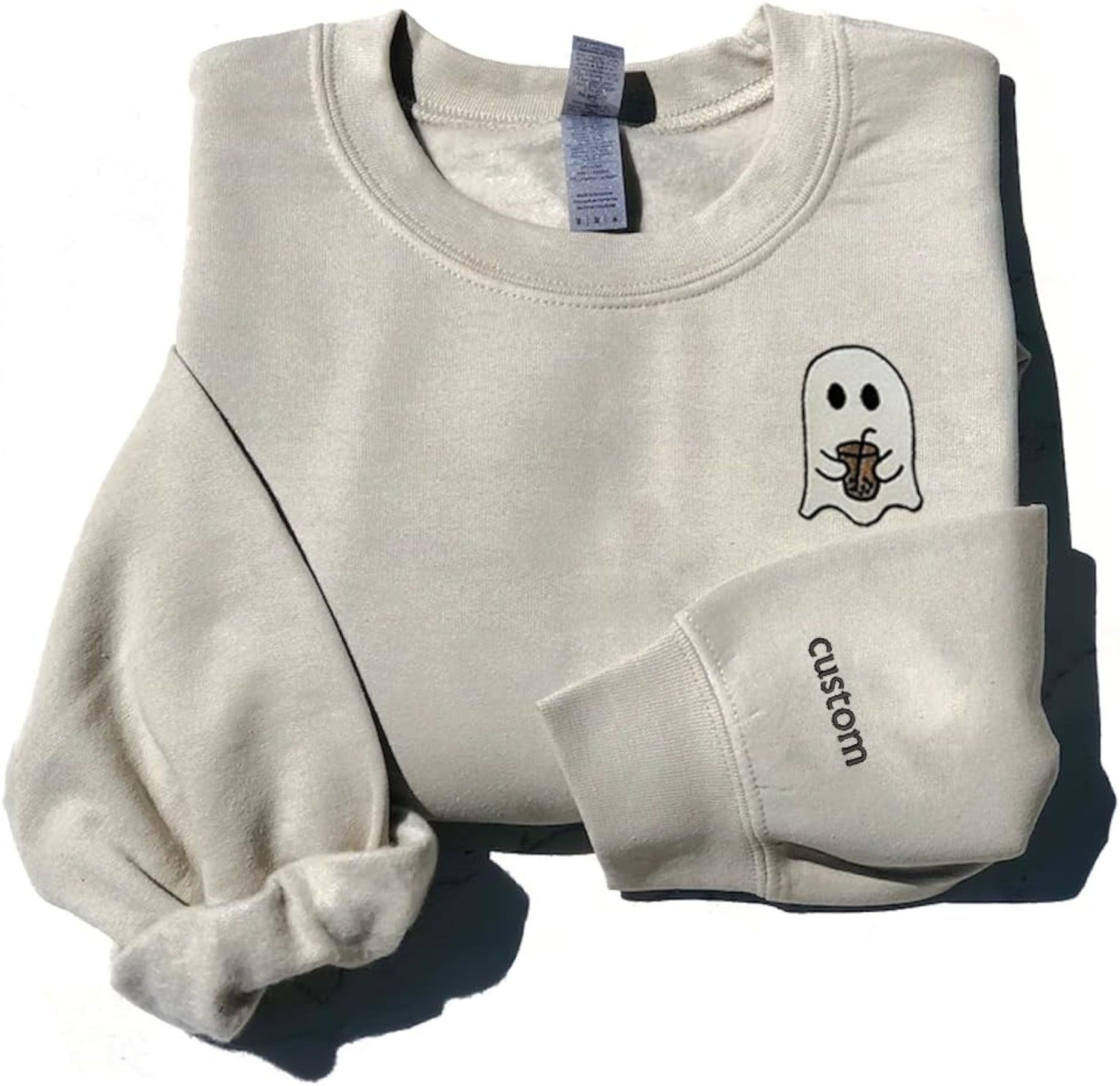 Personalized Ghost Coffee Embroidered Sweatshirt Cute Spooky Halloween Women & Couples Sweater image 1