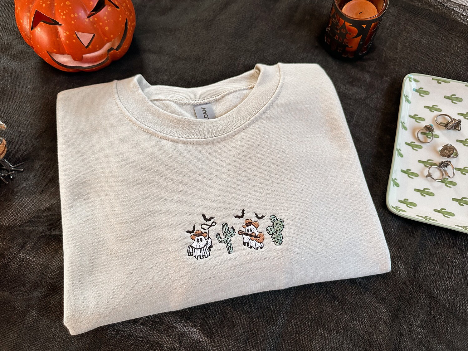 Subtle Halloween Embroidered Crewneck Sweatshirt Ghost Cactus Design Halloween Sweater image 1