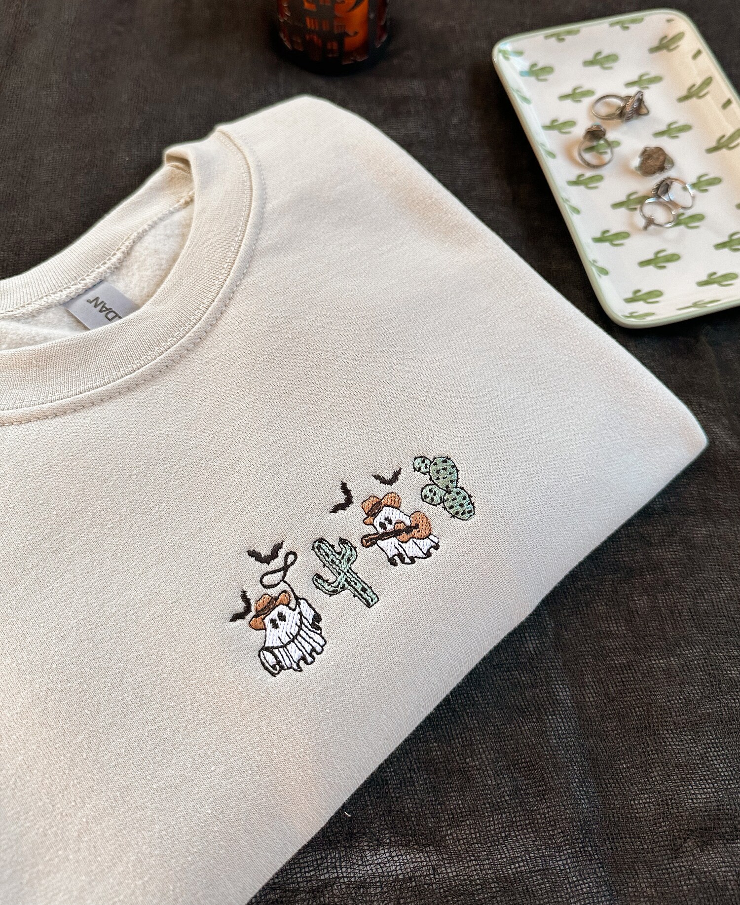 Subtle Halloween Embroidered Crewneck Sweatshirt Ghost Cactus Design Halloween Sweater image 2