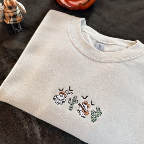 Subtle Halloween Embroidered Crewneck Sweatshirt Ghost Cactus Design Halloween Sweater image 0