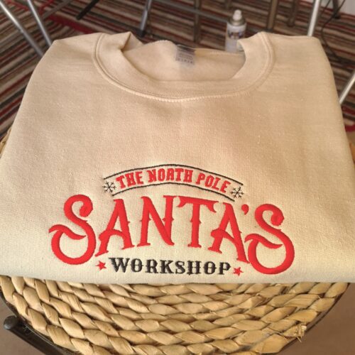 Santa Workshop Vintage Embroidered Christmas Sweatshirt Unisex Holiday Jumper Crewneck Gift image 0