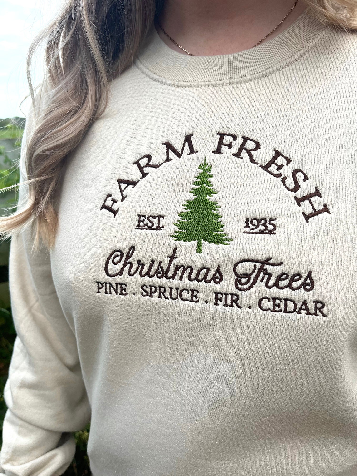 Farm Fresh Christmas Trees Embroidered Sweatshirt Holiday Cozy Winter Apparel image 1
