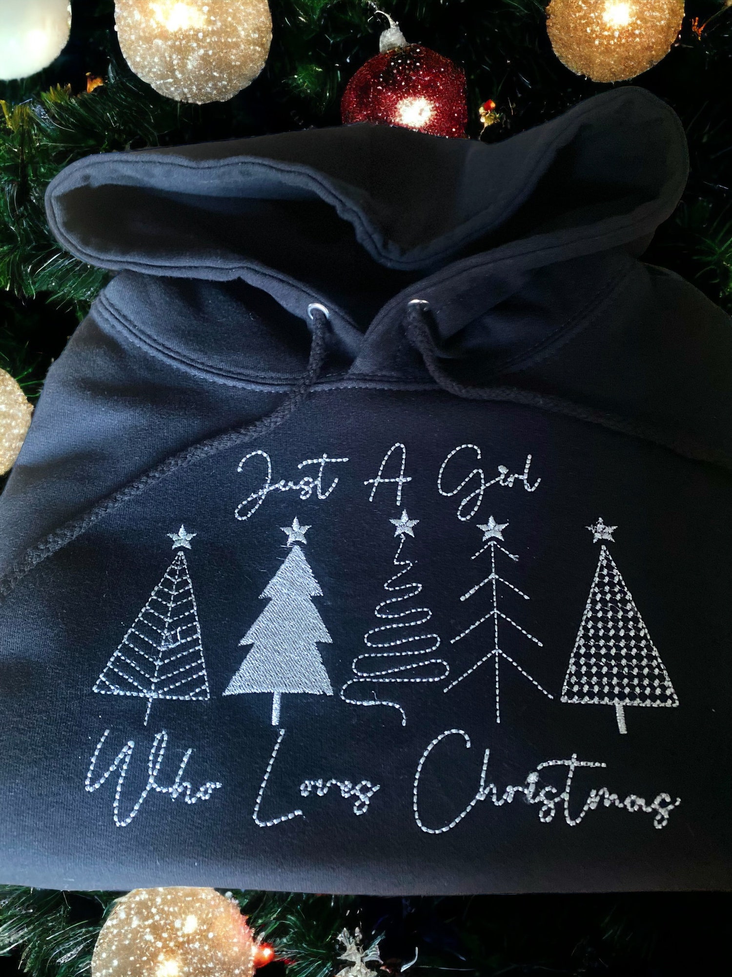 Embroidered Christmas Hoodie for Women Just a Girl Who Loves Christmas Sweatshirt Metallic Silver Thread image 1