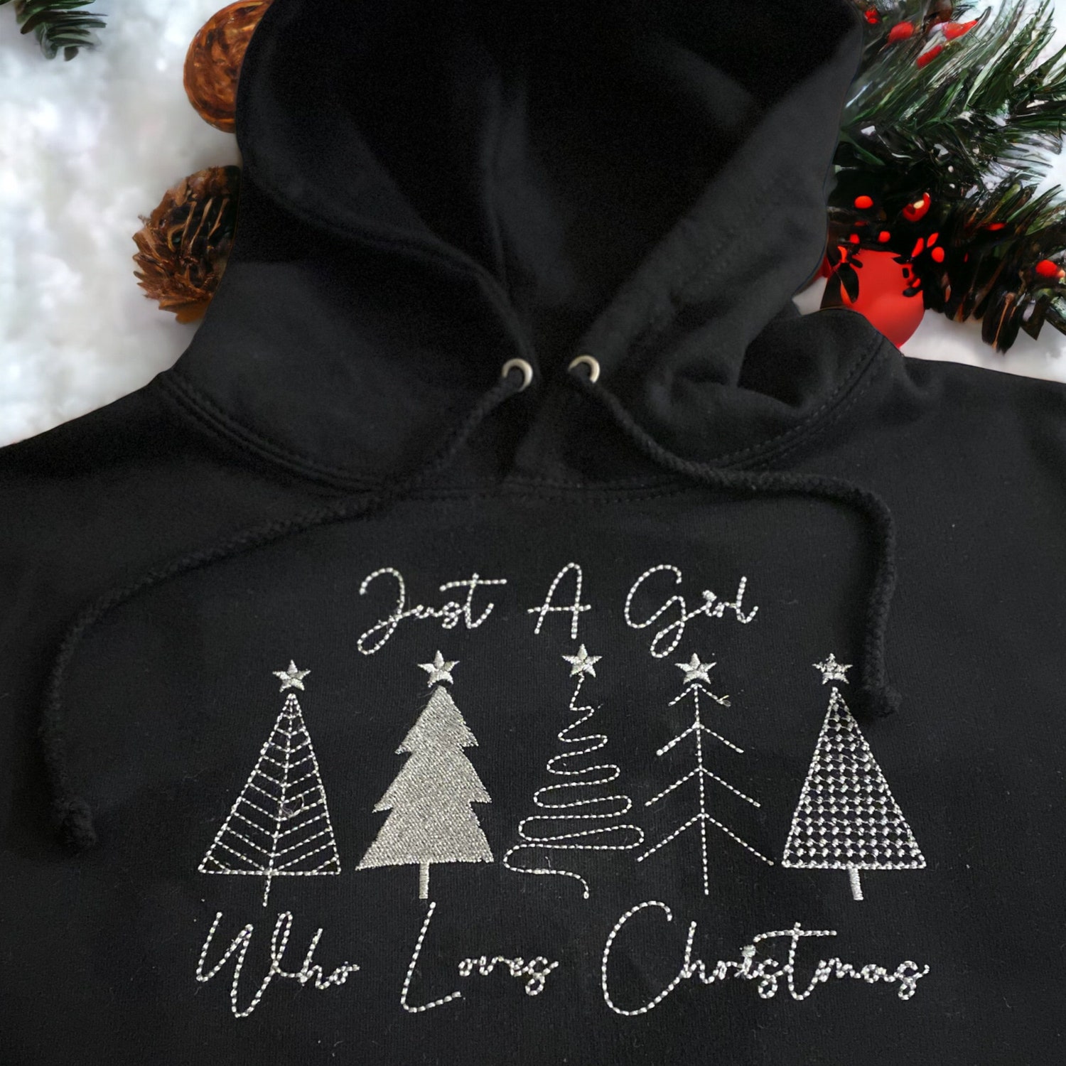 Embroidered Christmas Hoodie for Women Just a Girl Who Loves Christmas Sweatshirt Metallic Silver Thread image 3