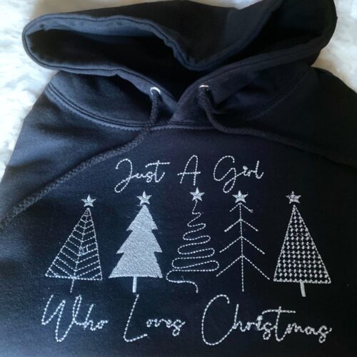 Embroidered Christmas Hoodie for Women Just a Girl Who Loves Christmas Sweatshirt Metallic Silver Thread image 0