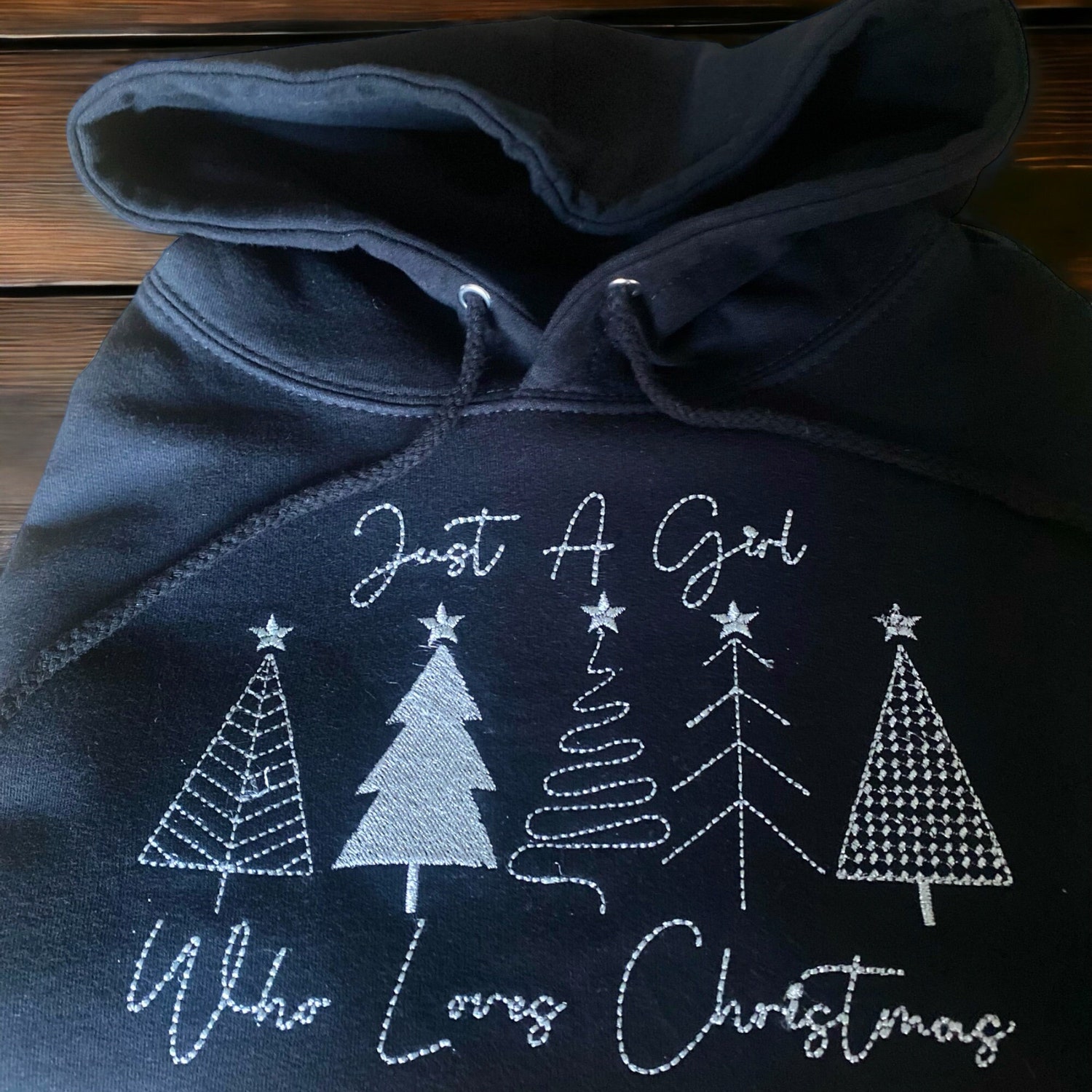 Embroidered Christmas Hoodie for Women Just a Girl Who Loves Christmas Sweatshirt Metallic Silver Thread image 2