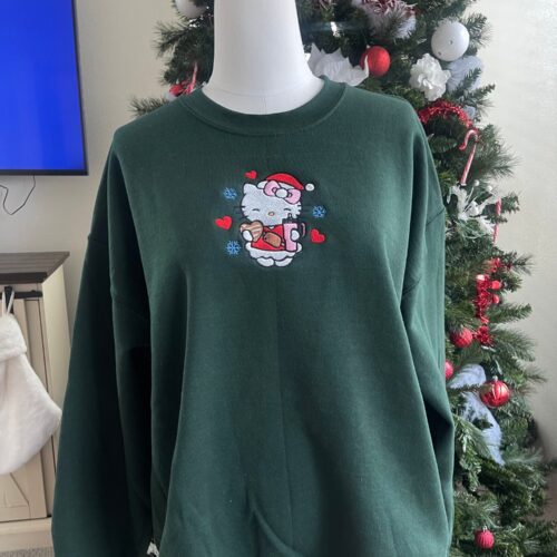 Christmas Kitty Embroidered Sweatshirt Cute Cat Christmas Sweater Holiday Cat Lover Gift image 0