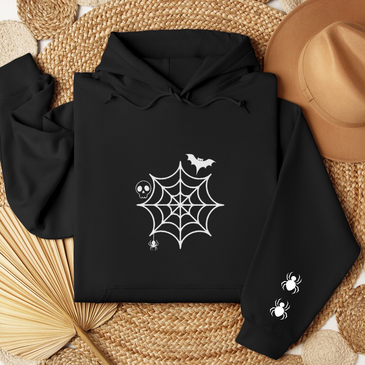 Embroidered Halloween Skull Hoodie Sweatshirt Spooky Fall Crewneck Scary Spider Hoodie image 2