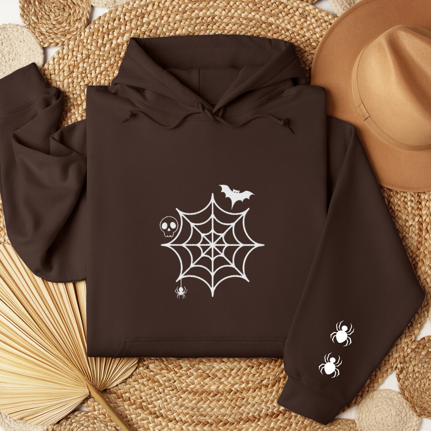 Embroidered Halloween Skull Hoodie Sweatshirt Spooky Fall Crewneck Scary Spider Hoodie image 3