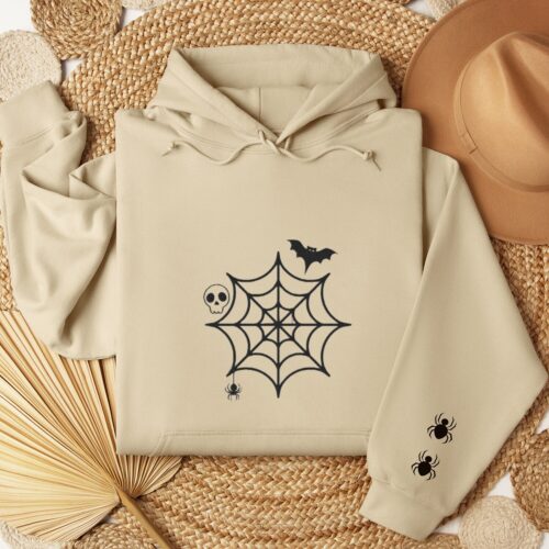 Embroidered Halloween Skull Hoodie Sweatshirt Spooky Fall Crewneck Scary Spider Hoodie image 0