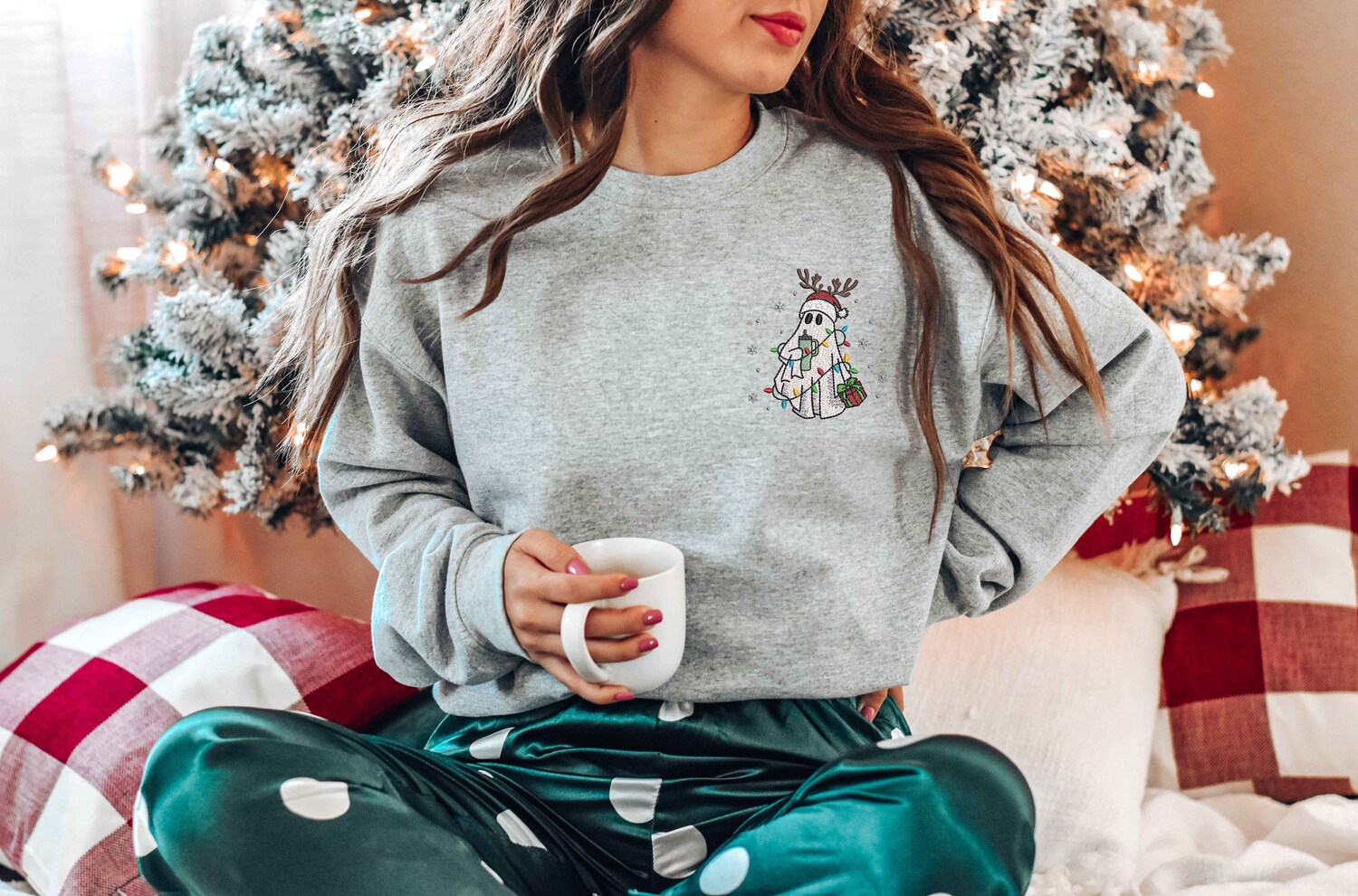 Embroidered Christmas Ghost Sweatshirt Holiday Ghost Shirt Festive Embroidered Hoodie image 3