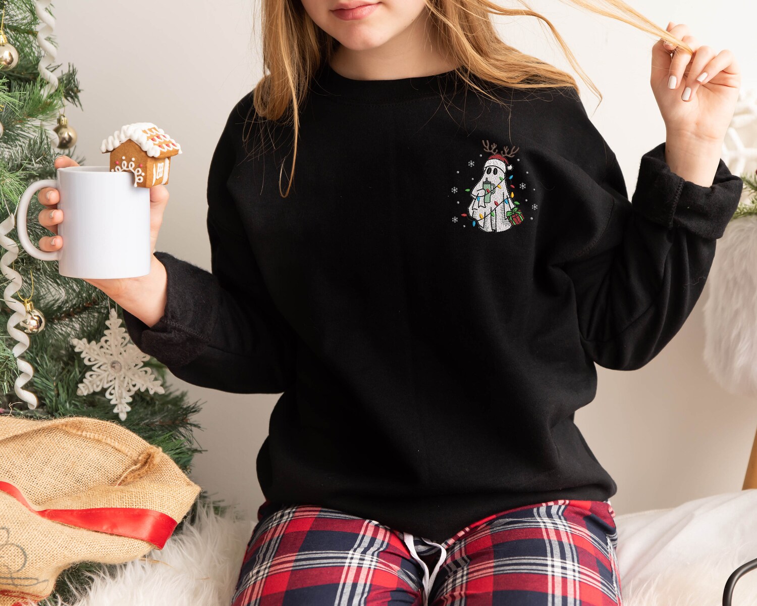 Embroidered Christmas Ghost Sweatshirt Holiday Ghost Shirt Festive Embroidered Hoodie image 4