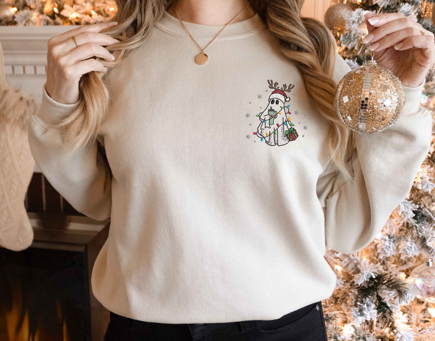 Embroidered Christmas Ghost Sweatshirt Holiday Ghost Shirt Festive Embroidered Hoodie image 1