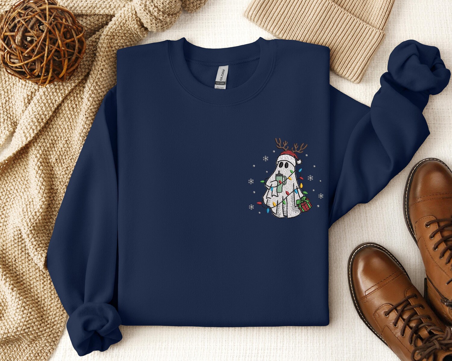 Embroidered Christmas Ghost Sweatshirt Holiday Ghost Shirt Festive Embroidered Hoodie image 2