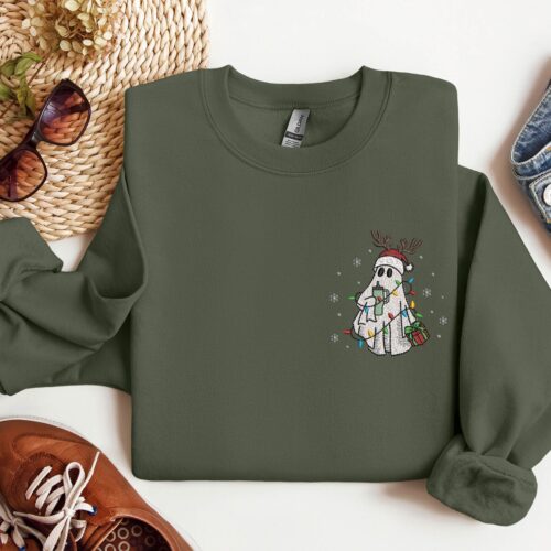 Embroidered Christmas Ghost Sweatshirt Holiday Ghost Shirt Festive Embroidered Hoodie image 0