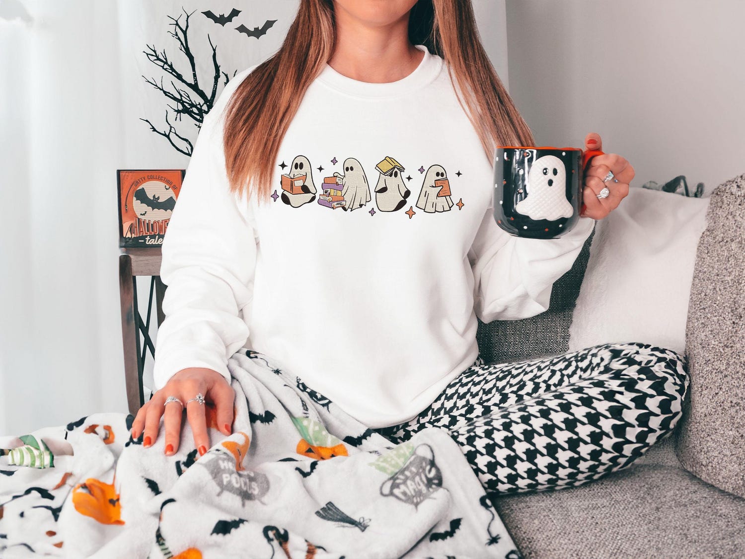 Ghosts Reading Books Embroidered Sweatshirt Cute Halloween Teacher Hoodie Spooky Season Shirt image 1