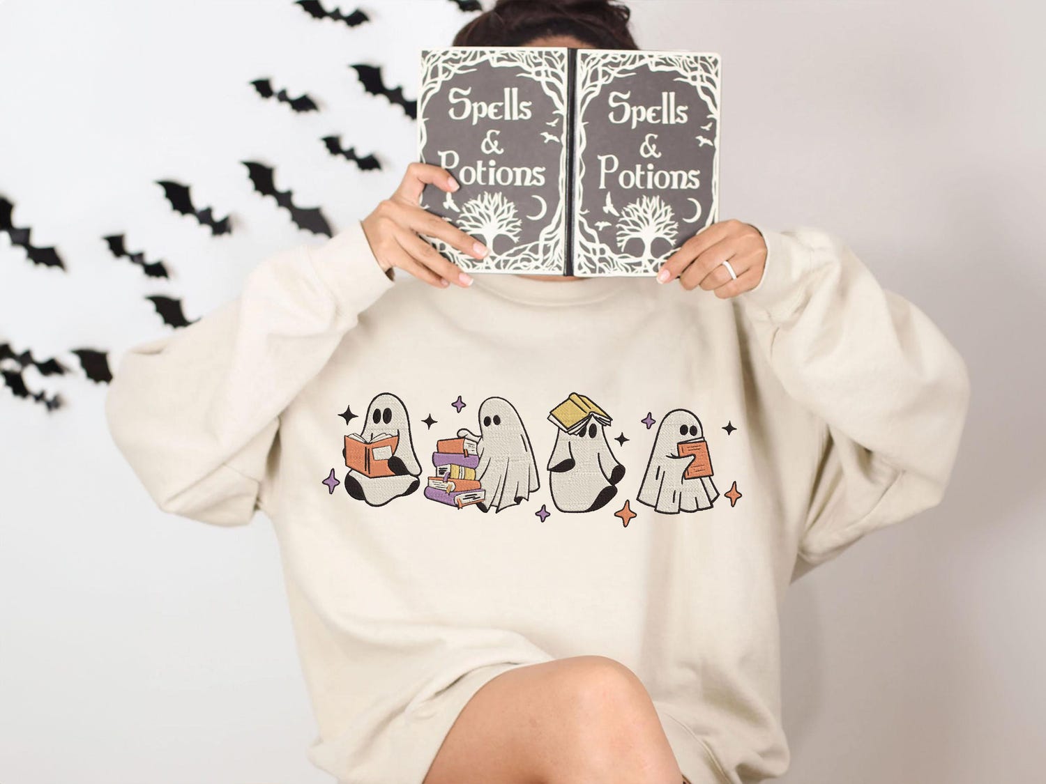 Ghosts Reading Books Embroidered Sweatshirt Cute Halloween Teacher Hoodie Spooky Season Shirt image 3