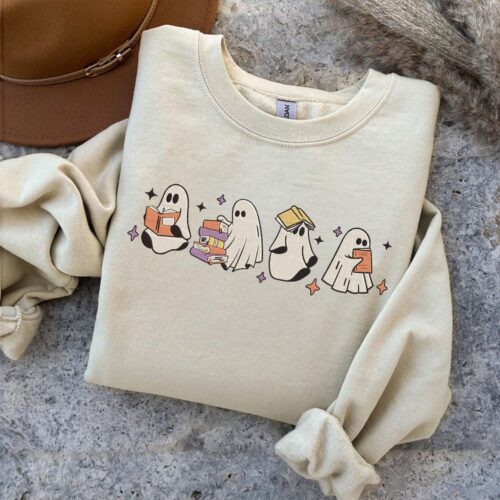 Ghosts Reading Books Embroidered Sweatshirt Cute Halloween Teacher Hoodie Spooky Season Shirt image 0