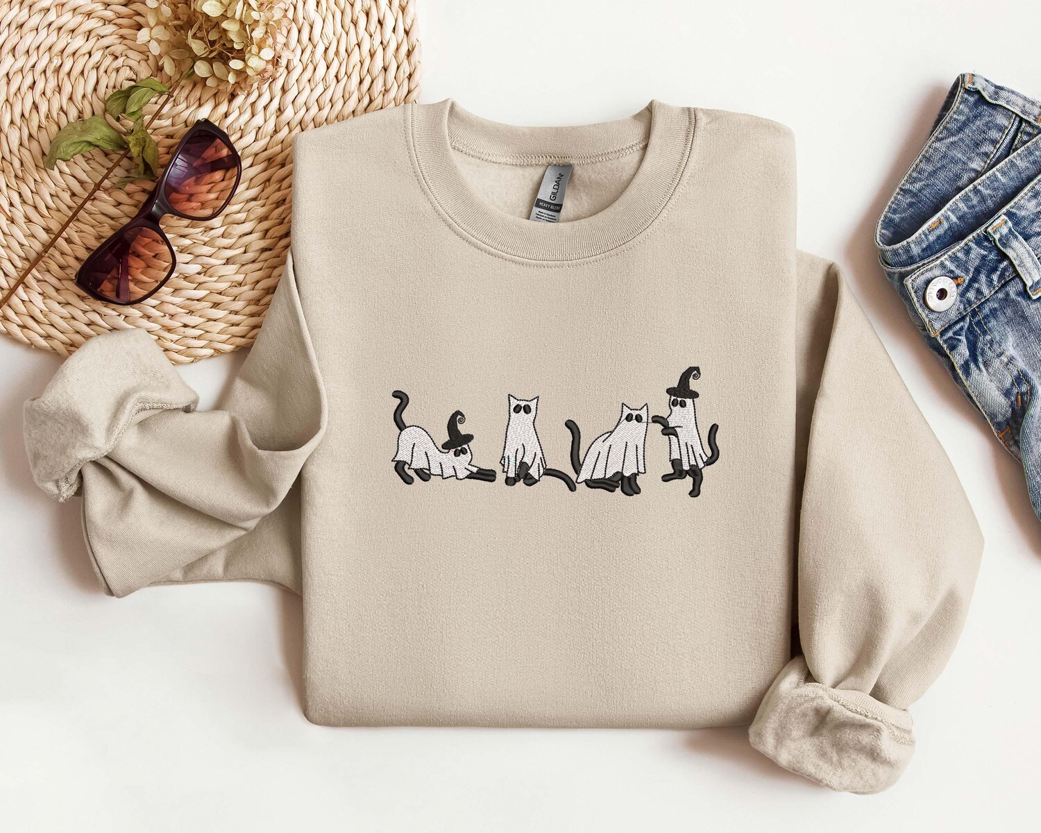 Embroidered Halloween Cat Sweatshirt Ghost Cat Crewneck Halloween T-Shirt Halloween Gift image 2