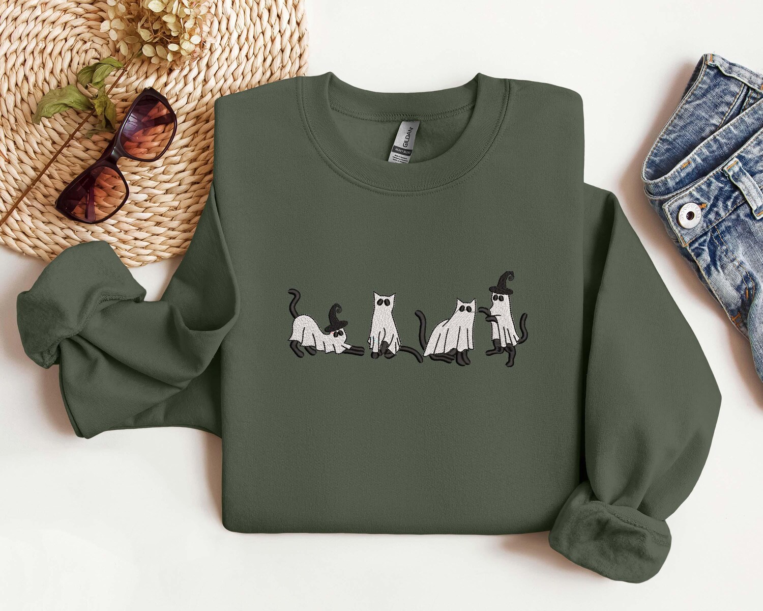 Embroidered Halloween Cat Sweatshirt Ghost Cat Crewneck Halloween T-Shirt Halloween Gift image 3