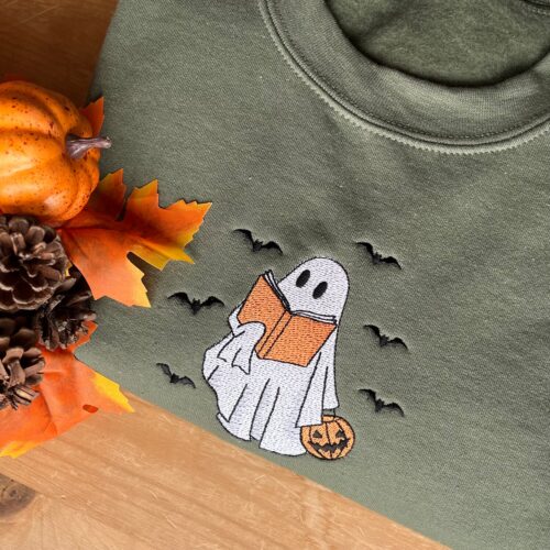 Book Lover Ghost Embroidered Unisex Sweatshirt Halloween Pullover Hoodie Personalized Long Sleeve Jumper image 0