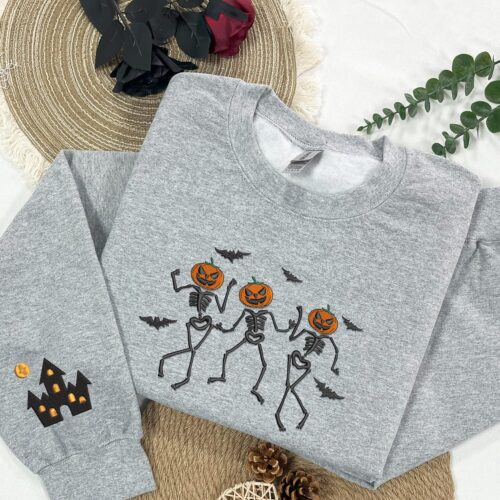 Skeleton Pumpkin Embroidered Sweatshirt Halloween Dancing Skeletons Hoodie Spooky Season Gift image 0