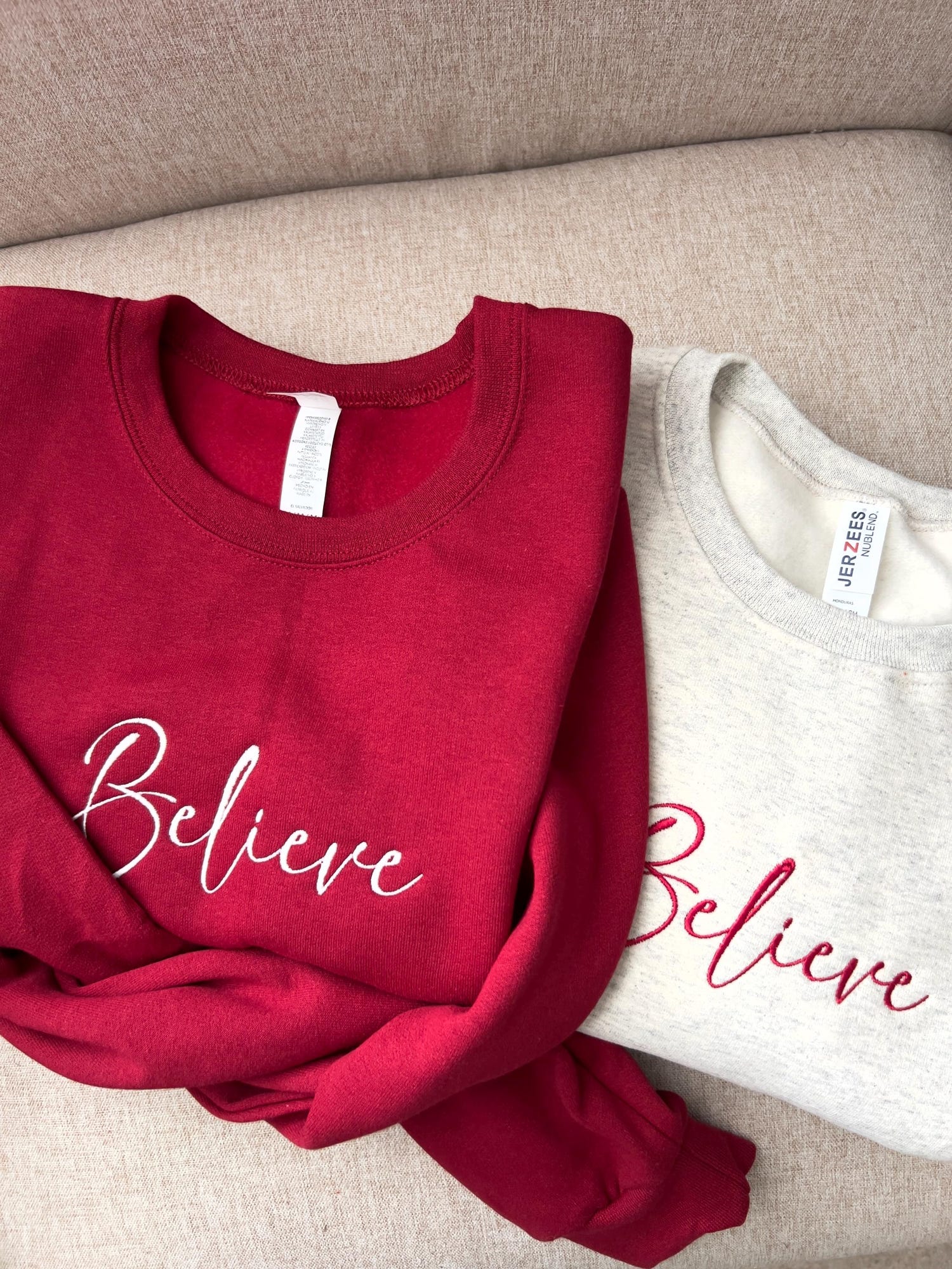 Believe Embroidered Christmas Sweatshirt Cozy Lightweight Holiday Crewneck Sweater image 2