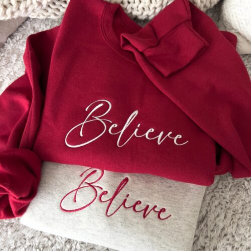 Believe Embroidered Christmas Sweatshirt Cozy Lightweight Holiday Crewneck Sweater image 0