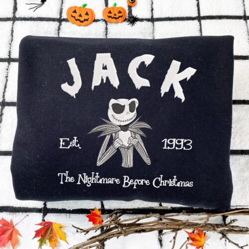 Nightmare Before Christmas Jack and Sally Embroidered Hoodie Halloween Sweatshirt Gift for Her image 0