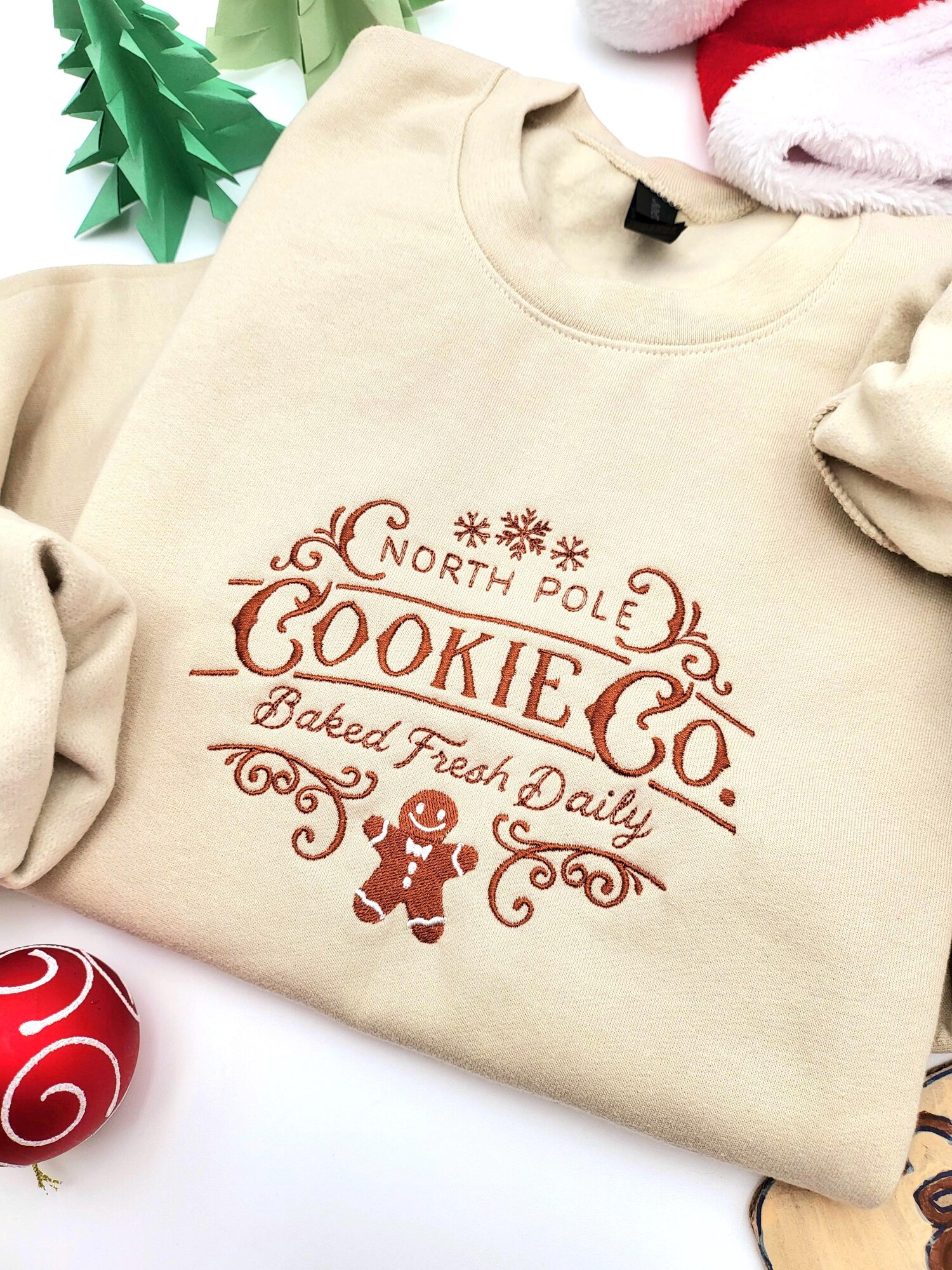 Christmas Embroidered Sweatshirt North Pole Gingerbread Cookie Crewneck Holiday Sweater image 2