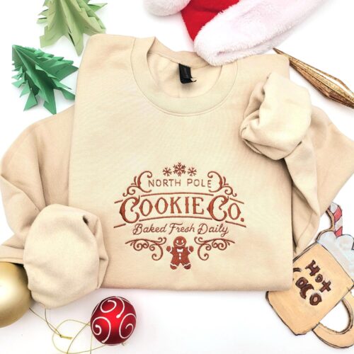 Christmas Embroidered Sweatshirt North Pole Gingerbread Cookie Crewneck Holiday Sweater image 0