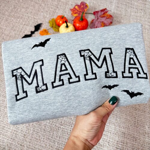 Custom Mama Embroidered Halloween Sweatshirt Personalized Mom Hoodie Bat Mom Outfit Mother's Day Gift image 0