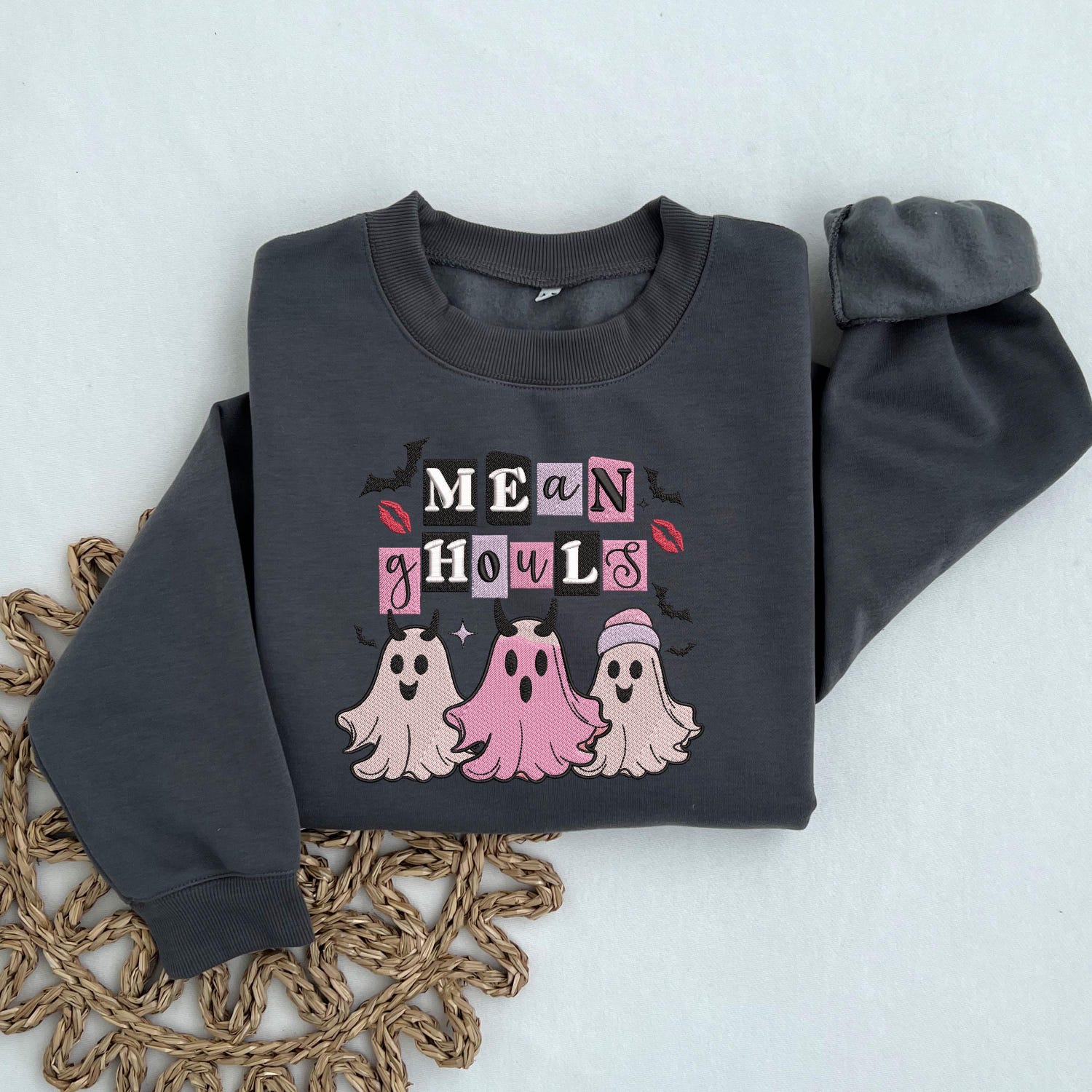 Embroidered Mean Ghouls Halloween Ghost Sweatshirt Cute Pink Ghost Shirt Ghost Vibes image 1