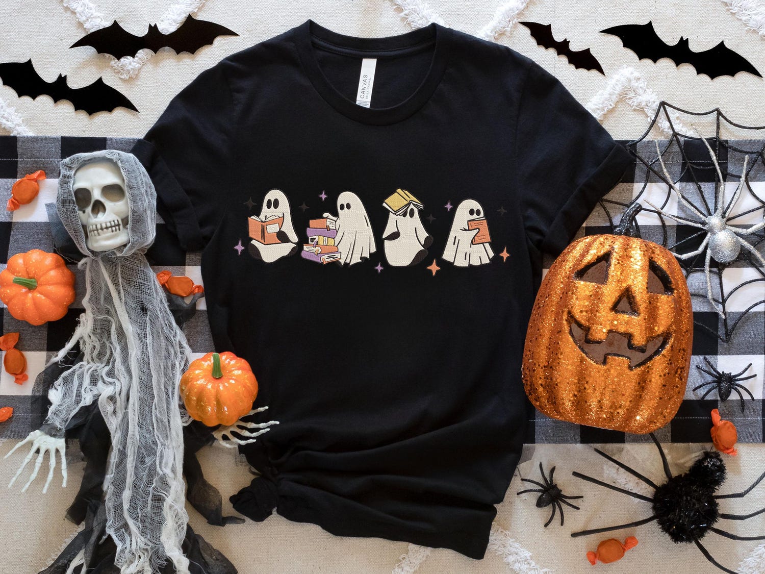 Ghosts Reading Books Embroidered Sweatshirt Cute Halloween Teacher Hoodie Spooky Season Shirt image 4