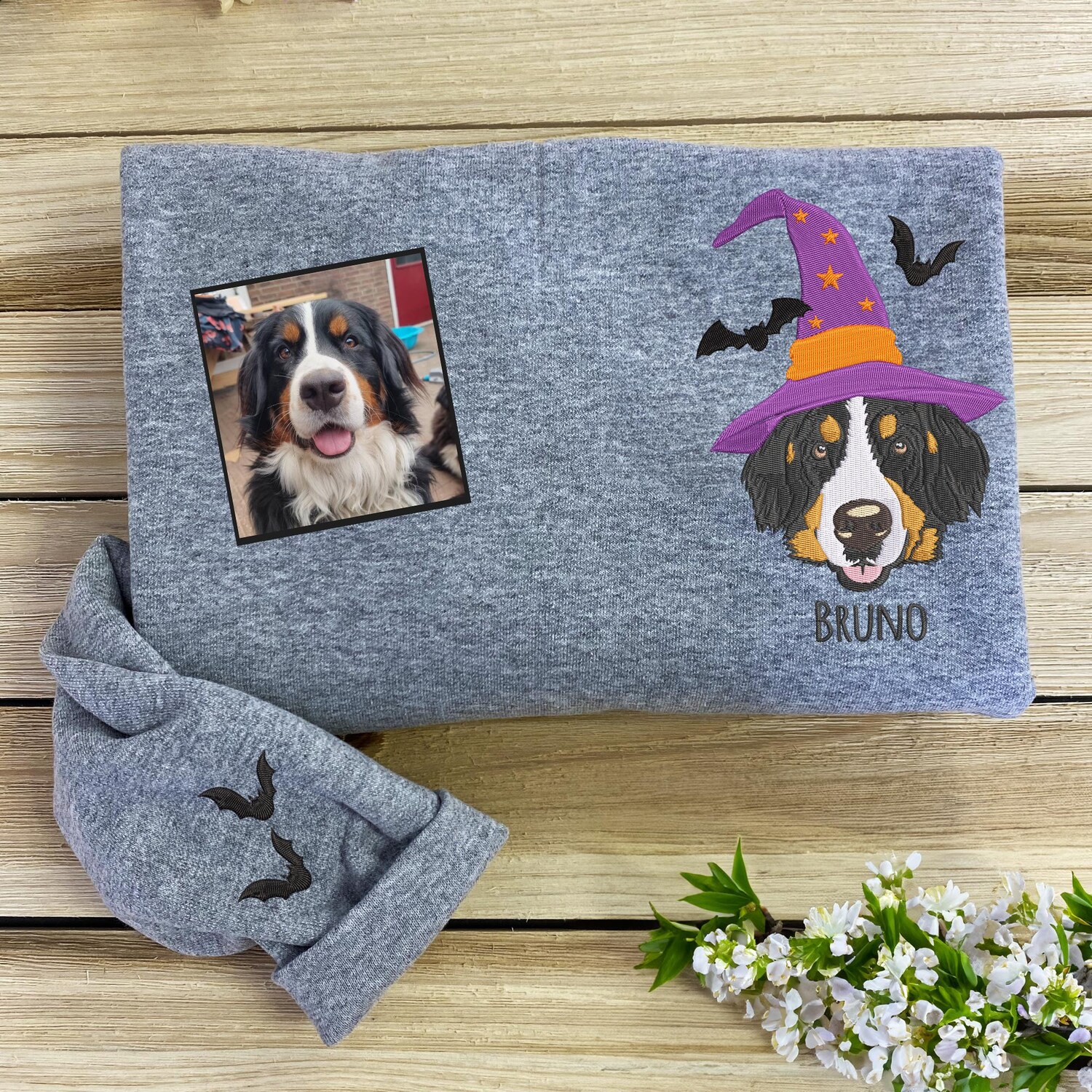 Custom Embroidered Pet Halloween Sweatshirt Dog or Cat Mom Hoodie Personalized Halloween Gift image 1