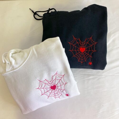 Halloween Couple Sweatshirt with Spiderweb Heart Matching Embroidery Hoodie Spooky Season Gift image 0