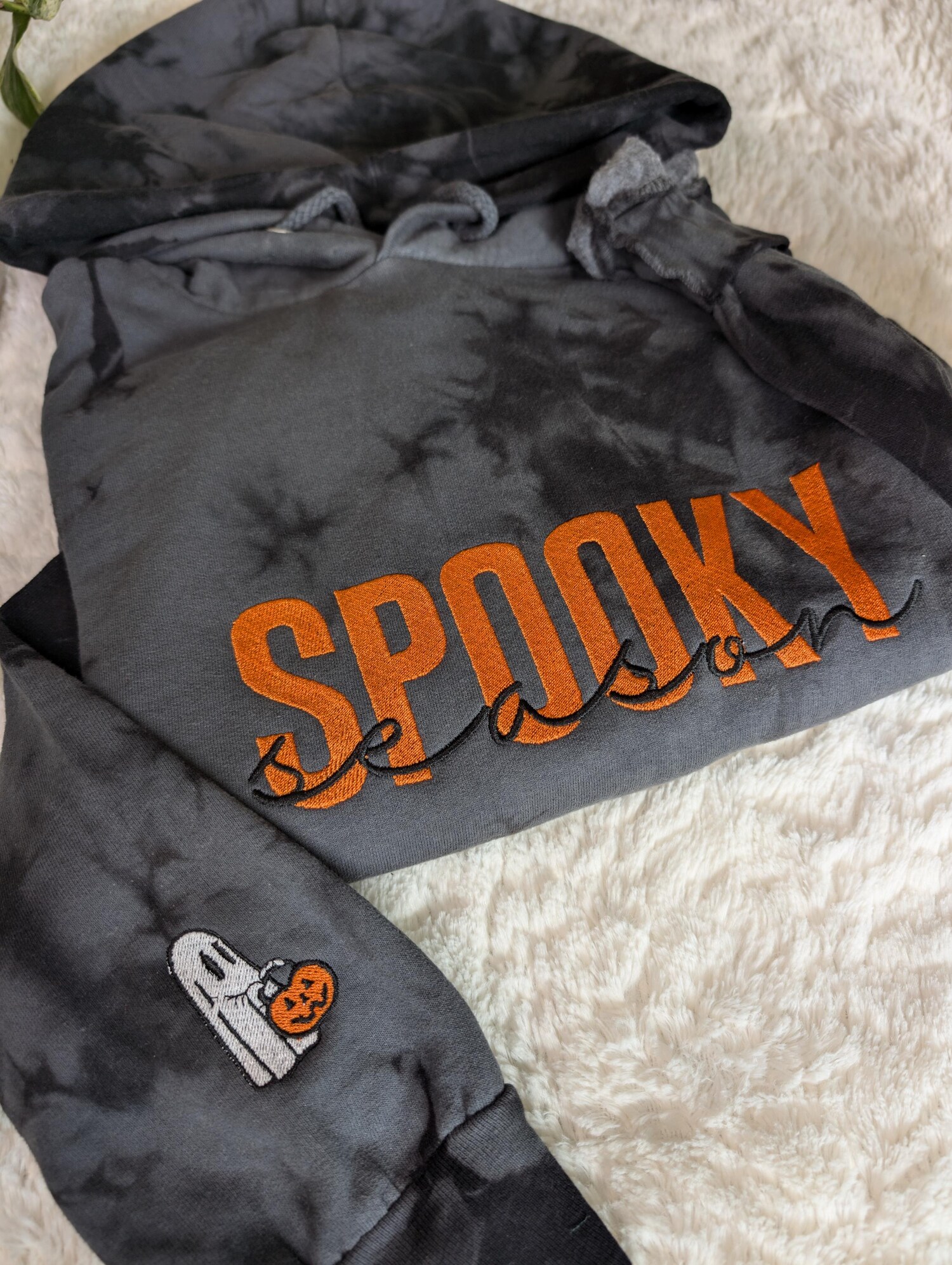 Spooky Season Tie-Dye Embroidered Hoodie w/ Embroidered Ghost Sleeve, Halloween Apparel image 4